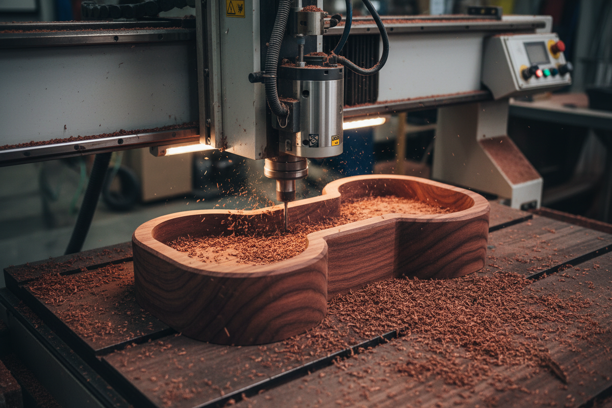 a cnc router cutting out a dog bone shape dog bowl out of dark red timber
