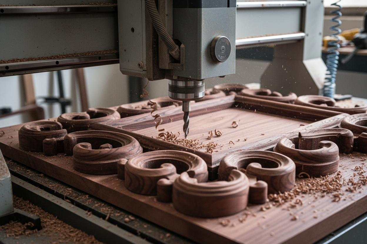 a cnc router cutting out a mirror frame out of dark red timber