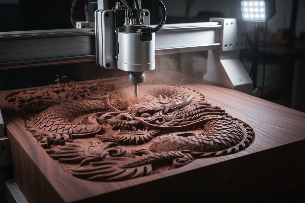 onefinity cnc carving a chinese dragon out of dark red timber